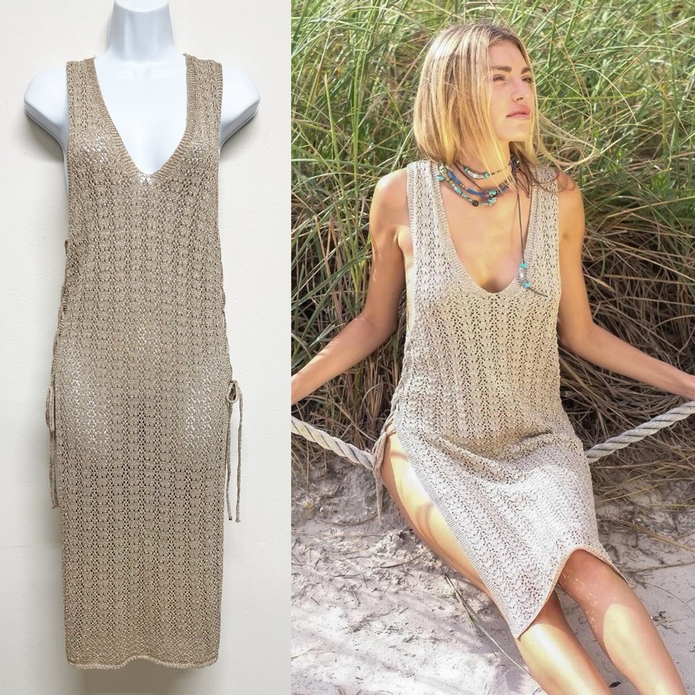 Burning Man Perfect! Muche Et Muchette Metallic Gold Knit Crochet Sabrina Midi